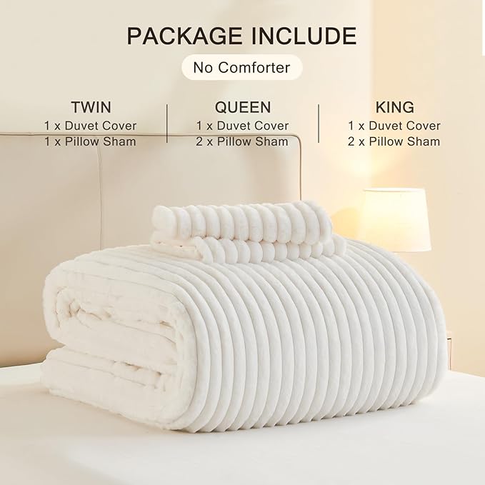 EMME Faux Fur Duvet Cover Twin Size, 2 Pieces Ultra Soft Fluffy Comforter Cover, Cozy Warm for Winter, Luxury Elegant Shaggy Striped Design Bedding, 1 Duvet Cover & 1 Pillow Shams (Twin, White)