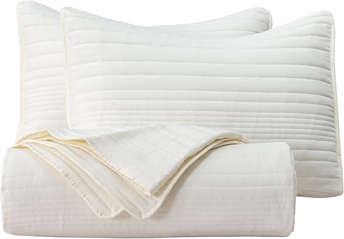 Market & Place Quilt Set Full Queen Size Ivory | Lightweight Ultra Soft Microfiber Bedspread | 3 Piece Queen Coverlet for All Season | Parker Collection (F/Q, Ivory)