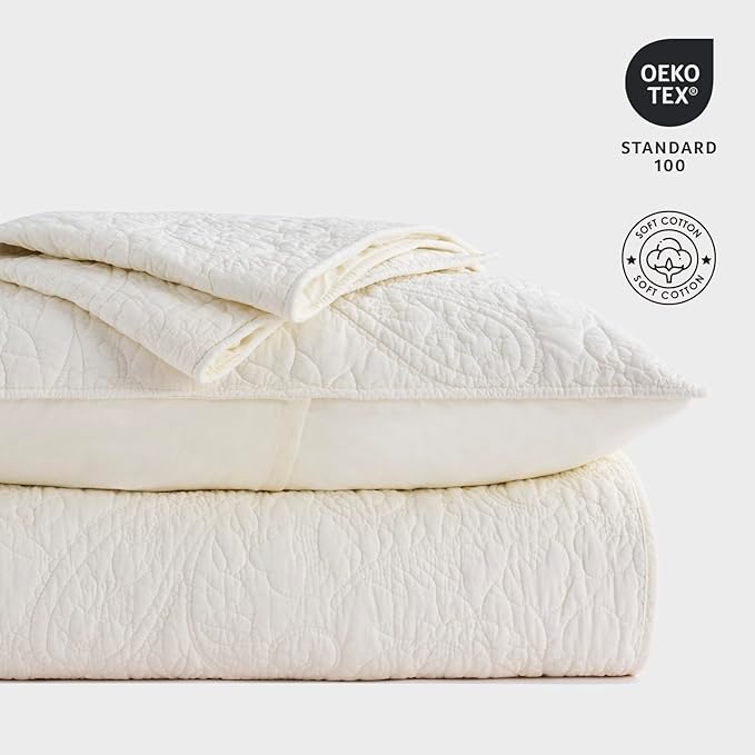 EVERGRACE 100% Cotton Paisley Quilt Set, Queen Size 3 Piece Set – Prewashed Lightweight Bedspread with 2 Shams, Soft & Breathable Matelasse Coverlet for All-Season Comfort, Ivory Cream