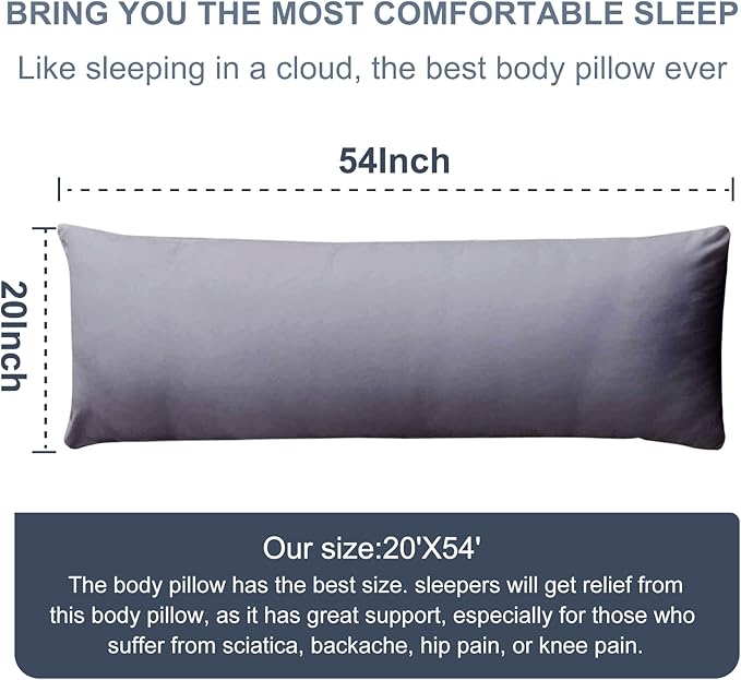 DOWNCOOL Large Body Pillow Insert- Breathable Full Body Pillow for Side Sleeper - Soft Long Bed Pillow for Adults - 20 x 54 inch (Grey)