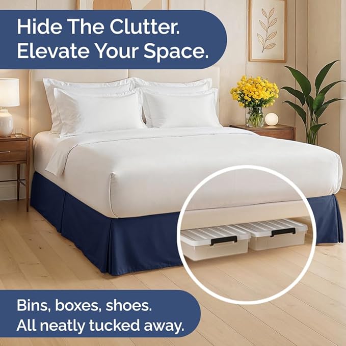 Pleated Bed Skirt King Size - 3 Sided Pleated Bed Skirt King - Ultra-Soft, Easy Fit with 12 Inch Tailored Drop - Hotel Quality, Wrinkle Free & Fade Resistant - for Women, Men, Kids & Teens - Navy