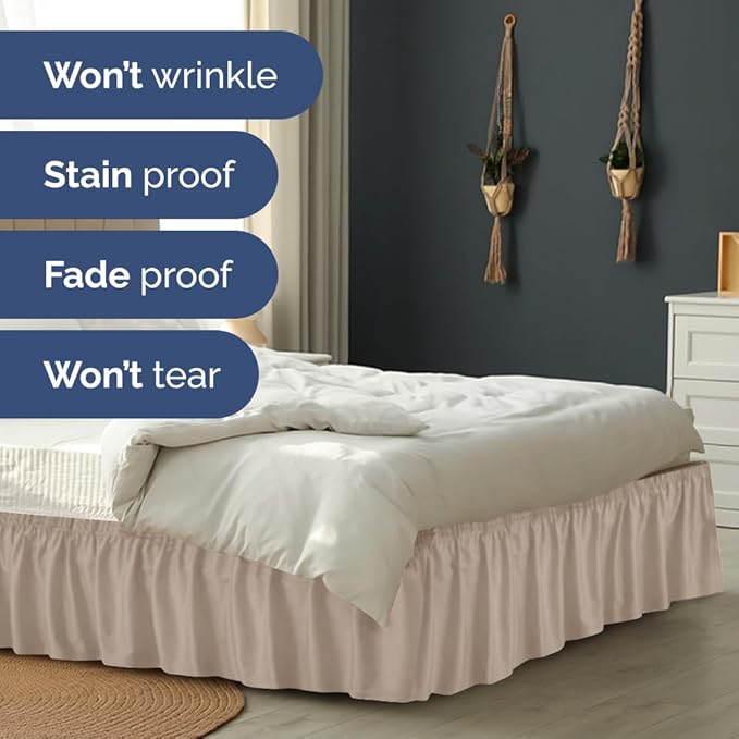 Wrap Around Dust Ruffle Bed Skirt - Wheat - Twin/Twin XL Size Beds w/ 15 Inch Drop - Easy Fit Elastic Strap - Adjustable Pleated Bedskirt w/Brushed Fabric - Wrinkle Free - Women, Men, Kids & Teens