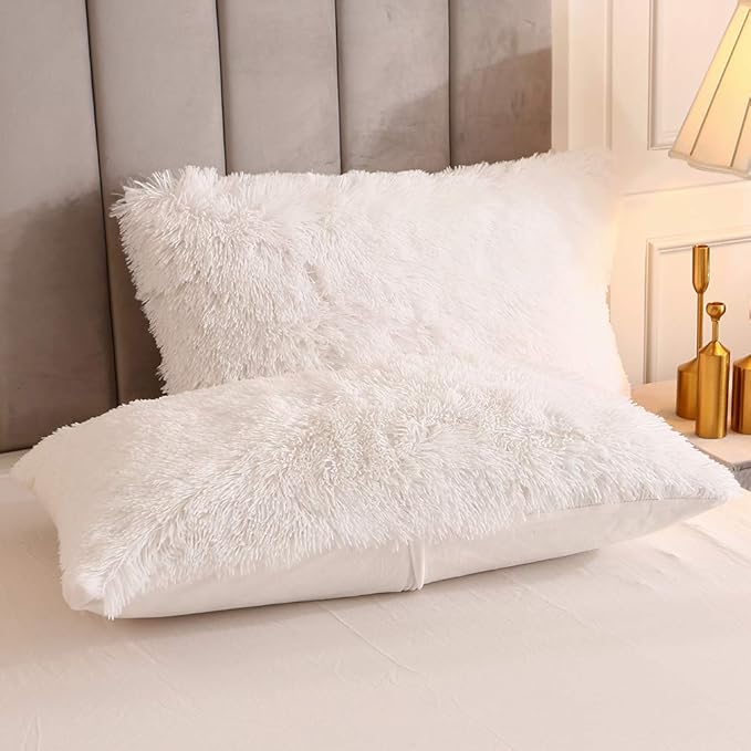 Uhamho Faux Fur Velvet Fluffy Bedding Duvet Cover Set Down Comforter Quilt Cover with Pillow Shams, Ultra Soft Warm (White, King)