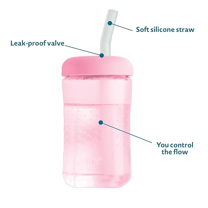 The First Years Squeeze & Sip Toddler Straw Cups - Squeezable Transition Sippy Cup with Silicone Straw - Toddler Feeding Supplies - Pink/Purple/Blue - 7 Oz - 3 Count - Ages 6 Months and Up