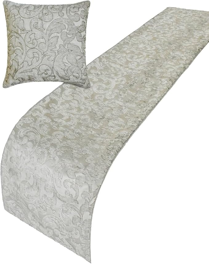 The HomeCentric King/Queen/Twin Silver Luxury Twin 53"x18" Bed Runner Without Pillow Cover, Abstract, Floral, Bead Hand Embroidery Bed Scarf on Jacquard Fabric - Ethereal Silver