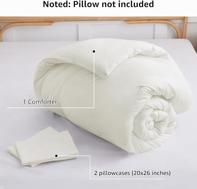 CozyLux Comforter Full Size Set Ivory, 3 Pieces Solid Soft Bed Set for Girls, Luxury Breathable Quilted Style Microfiber Down Alternative Bedding Sets All Season (1 Comforter & 2 Pillowcases)
