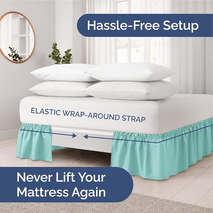 Wrap Around Dust Ruffle Bed Skirt - Spa Blue - Twin/Twin XL Size Beds with 24 Inch Drop - Easy Fit Elastic Strap - Adjustable Pleated Bedskirt w/Brushed Fabric Wrinkle Free - Women, Men, Kids & Teens