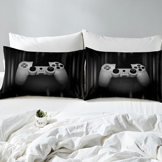 Feelyou Boys Gamer Comforter Set King Size Bedding Set for Kids Gaming Comforter Gray Black Video Games Gamepad Room Decor for Teens Child Super Soft Geometric Duvet Quilted Son Grandson Gift