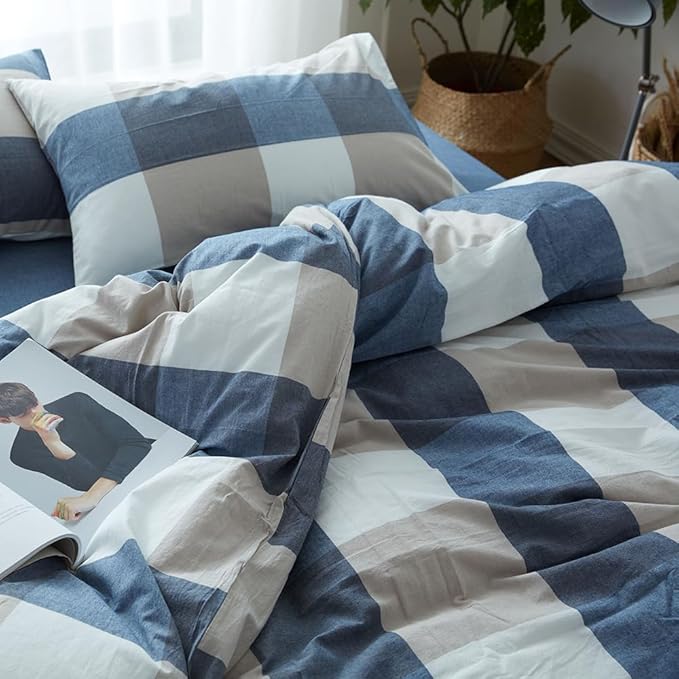 FACE TWO FACE Bedding Duvet Cover Set100% Washed Cotton Duvet Cover Linen Like Textured Breathable Durable Soft Comfy (King, Blue and White Grid)