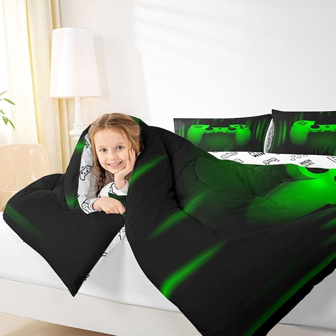 Feelyou Boys Gamer Comforter Set Toddler Size Bedding Set for Kids Gaming Comforter Green Black Video Games Gamepad Room Decor for Teens Child Super Soft Geometric Duvet Quilted Son Grandson Gift