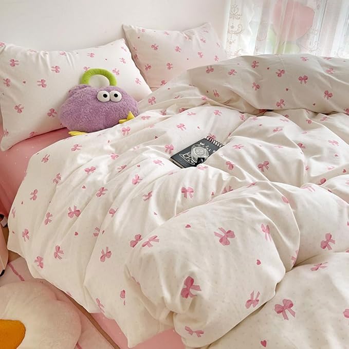 Nayoroom Pink Bow Duvet Cover Twin Size Heart Bows Printed Coquette Bedding Set 2 Pcs Kids Girls Cute Comforter Cover with Zipper Closure Soft Breathable Microfiber