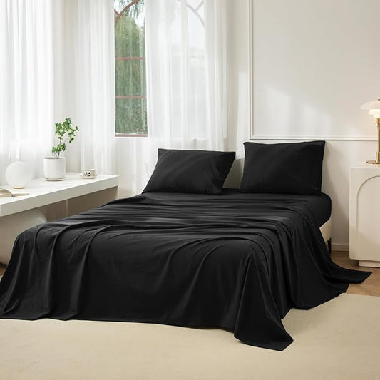JIYUAN 100% Washed Cotton Sheet Set 4 Pieces Full,1 Fitted Sheet,1 Flat Sheet and 2 Pillowcases,Comfy and Breathable Linen Like Bedding Set,Black