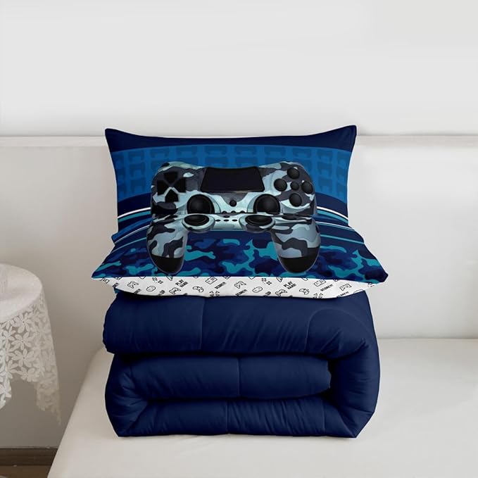 Feelyou Gamer Comforter Set Camouflage Gaming Video Game Bedding Set for Kids Boys Children Blue Camo Gamer Console Comforter Soft Gamepad Decor Quilt Set Full Size