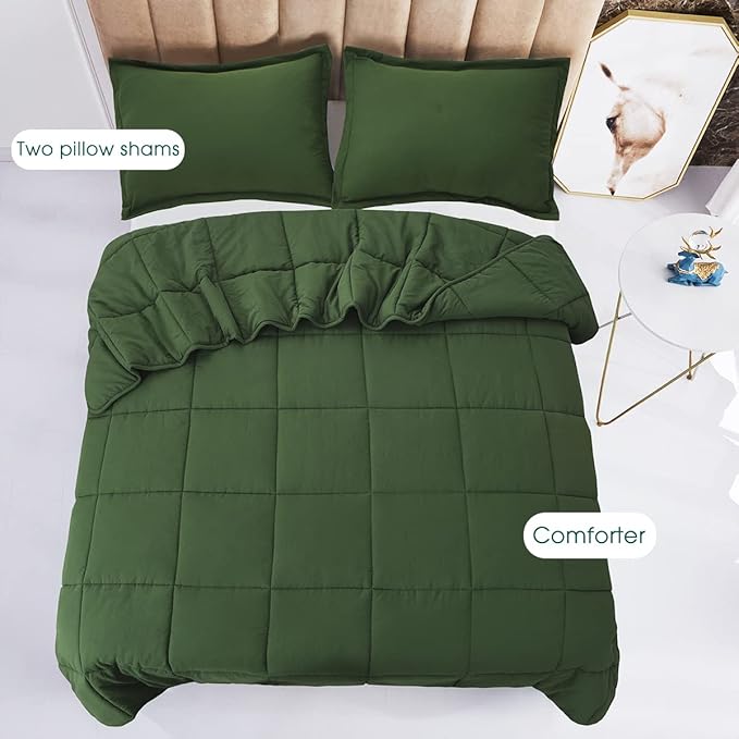 HIG 3pc Prewashed Green Queen Size Comforter Duvet Insert - All Season Quilted Down Alternative Comforter with Corner Tabs - Box Stitched - 250GSM Fiberfill Farmhouse Style Bedding(Salomon)