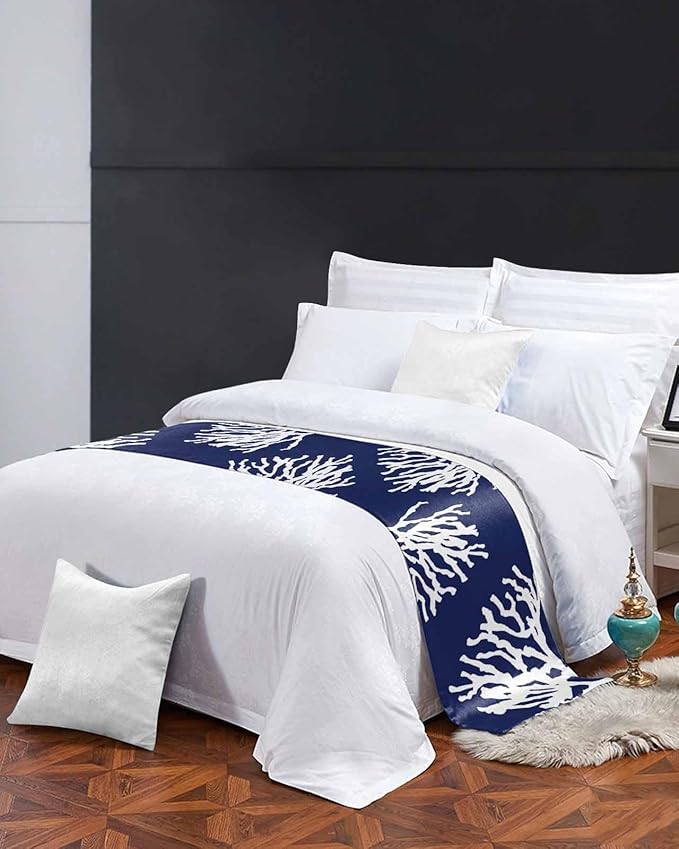 Coral Navy Blue Bed Runner Scarf for Full Size Bed Foot, Decorative Bedding Accessory Stainproof & Dustproof Soft Protector For Bedroom Hotel Wedding Room Coastal Ocean Marine Nautical Beach 83"x20"