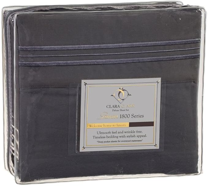 Clara Clark 1800 Series Bed Sheet Sets - Stay fit on Mattress with Elastic Straps at Corners - Full (Double), Charcoal Stone Gray