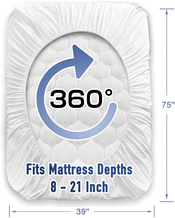 MATBEBY Twin Size Mattress Pad - Cooling Breathable Mattress Topper, Quilted Fitted Mattress Protector, Pillow Top Mattress Cover with 8-21" Deep Pocket, Soft, Machine Washable, White, 39x75 Inches