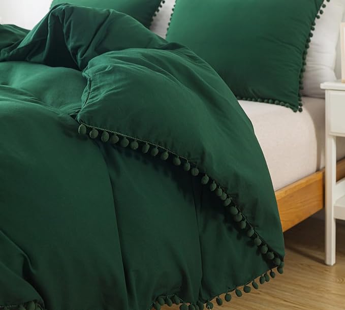 TanNicoor Pom Fringe Duvet Cover Set - 3 Piece Natural Ultra SOFE Color Washed Microfiber Bedding Set, Modern Style Down Comforter Quilt Cover with Zipper Closure(Twin, Emerald Green)