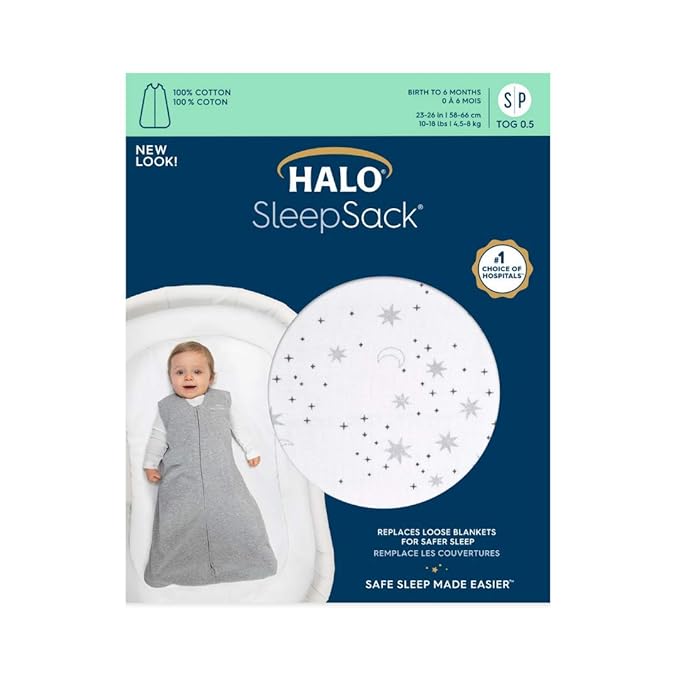 HALO SleepSack, 100% Cotton Wearable Blanket, Swaddle Transition Sleeping Bag, TOG 0.5, Midnight Moons-grey, Medium, 6-12 Months