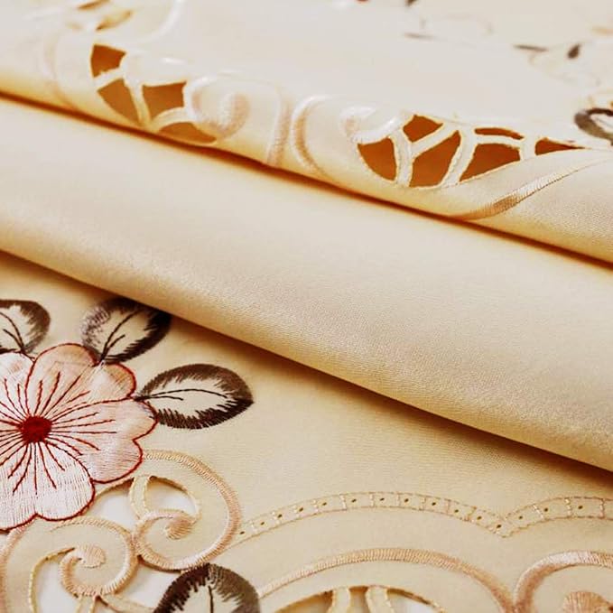 LeLehome 15 Inch X 69 Inch Classic Embroidered Lace Long Table Runner, Floral Washable Cabinet Dresser Scarf Home Party Kitchen Restaurant Decoration - Beige Flower