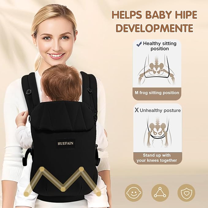 Baby Carrier (7–44 lbs), Soft Breathable Double-Shoulder Carrier with Adjustable Support, Ergonomic Design for Hip Positioning, Comfort Waist Support, Lightweight Hands-Free Baby Carrier (Black)