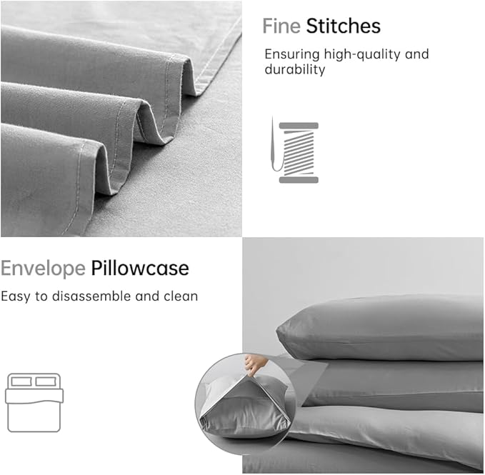 JELLYMONI Cotton Duvet Cover Queen Size - 100% Washed Cotton Linen Like Textured Comforter Cover, 3 Pieces Breathable Soft Bedding Set with Zipper Closure (Light Gray, Queen 90"x90")
