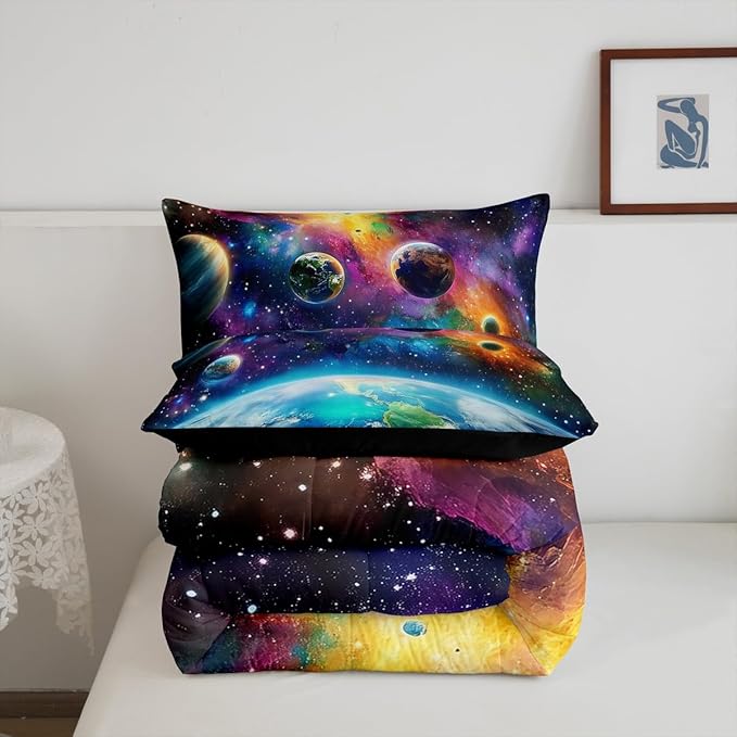 Feelyou Universe Galaxy Comforter Set Toddler Size Kids Planets Earth Bedding Set Boy Girl Teen Solar System Comforter Breathable Outer Space Duvet Set Nebula Quilt Set
