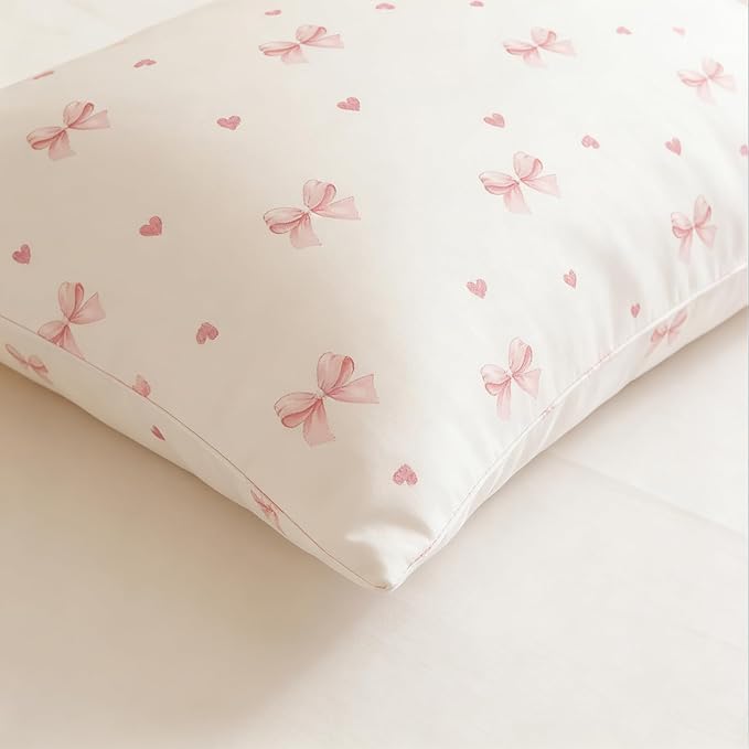 Nayoroom Pink Bow Duvet Cover Full Size Coquette Pink Heart Duvet Cover 3 Pieces Soft Lightweight Microfiber Kids Girls Cute Aesthetic Dorm Bedding Set