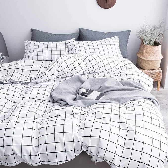 Twin Size Duvet Cover Set, White Plaid Microfiber Down Quilt Bedding Cover with Zip Ties, Farmhouse for Women Men Boys Girls Teen , 2 Piece - 68x90 inch XL Extra Long, College Dorm Grid Bed Sets