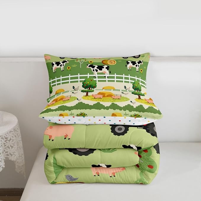 Feelyou Kids Cartoon Farm Animals Comforter Set Girls Boys Cute Pig Cow All Season Down Comforter Kawaii Horse Chicken Duck Bedding Set Room Decor Funny Farm Nursery Quilt Twin Size 2Pcs Boys