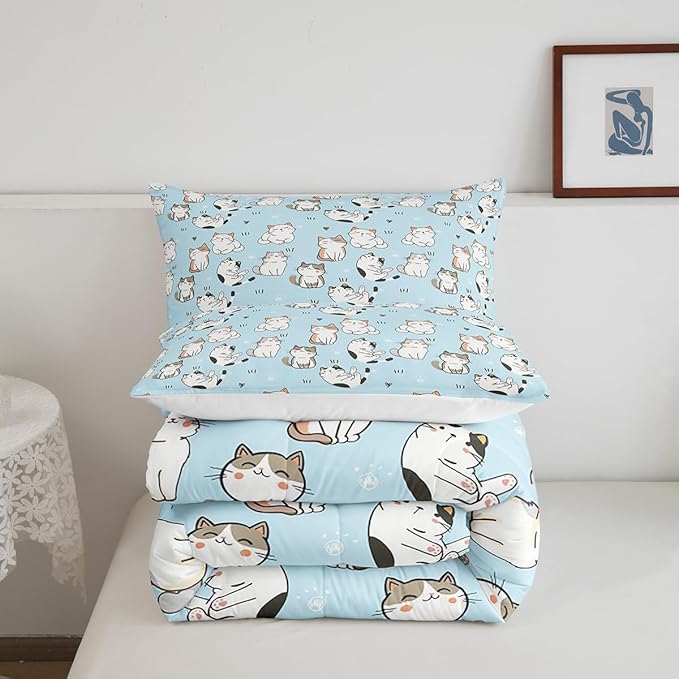 Erosebridal Cat Duvet Insert Queen, Kawaii Garfield Cat Bedding Set for Kids Boys Girls, Paw Print Love Heart Comforter Set, Cartoon Animals Soft Quilt 3 Pieces, Blue