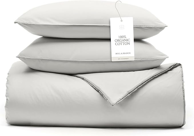 BOLL & BRANCH Signature Comforter Set - Full/Queen, Mist - Duvet Insert and Cover in One Layer - Luxury Organic Cotton, Down Alternative, Hypoallergenic, All-Season - 1 Comforter and 2 Shams