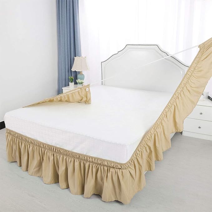 Bed Skirt - Wrap Around Bed Skirts Elastic Dust Ruffles, Easy Fit Wrinkle and Fade Resistant Luxurious Fabric Solid Color, Taupe Olympic Queen Size Beds 15 Inch Drop