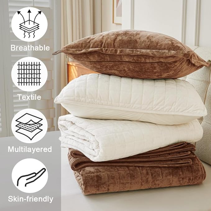 Luxurious Velvet Quilt California King Size Set 106" x118" Ultra Soft Bedding Set Quilted Bedspread Coverlet with 2 Matching Pillow Shams for All Seasons,Caramel