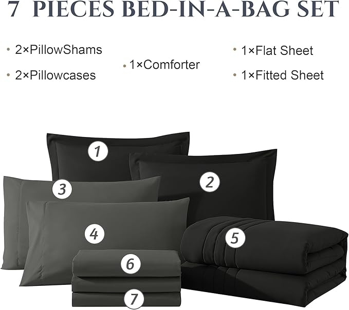 Monbix King Size Comforter Set - 7 Pieces Bed in a Bag King, Black Bedding Sets with Comforter, All Seasons Comforter Bed Set with Sheets, Pillowcases & Shams