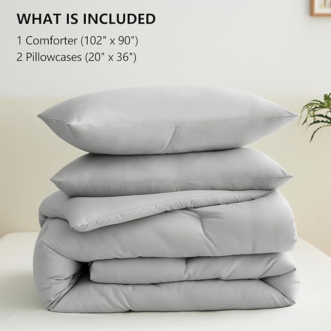 CozyLux Light Grey King Size Comforter Set, 3 Pieces Light Gray Solid Breathable Quilted Bedding Sets, Luxury Fluffy Soft Bed Set with Down Alternative Comforter and 2 Pillowcases for All Season