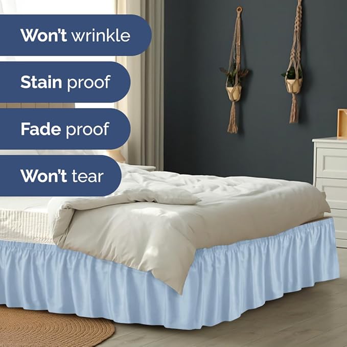 Wrap Around Dust Ruffle Bed Skirt - Sky Blue - for King Size Beds w/ 15 Inch Drop - Easy Fit Elastic Strap - Adjustable Pleated Bedskirt w/Brushed Fabric - Wrinkle Free, Women, Men, Kids & Teens