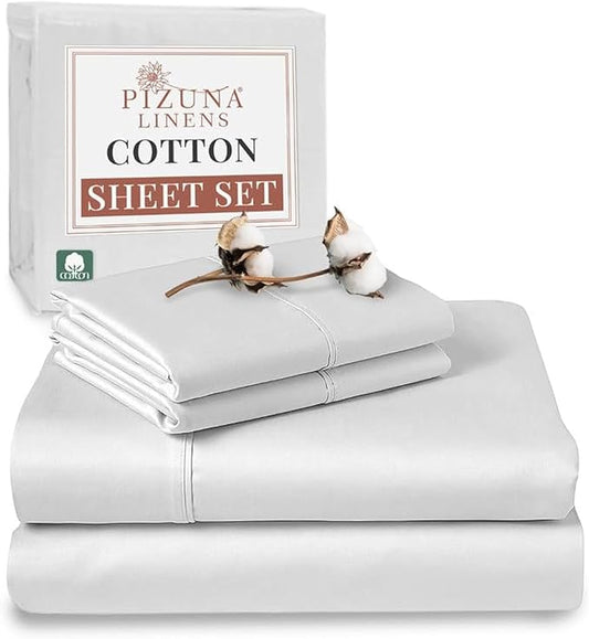 Pizuna Pure 100% Cotton Queen Size Sheet Set White, Luxurious 400 Thread Count Long Staple Cotton Sateen Sheets with 15" Deep 2 Extra Pillowcase (Combed Cotton Bed Sheet Set)