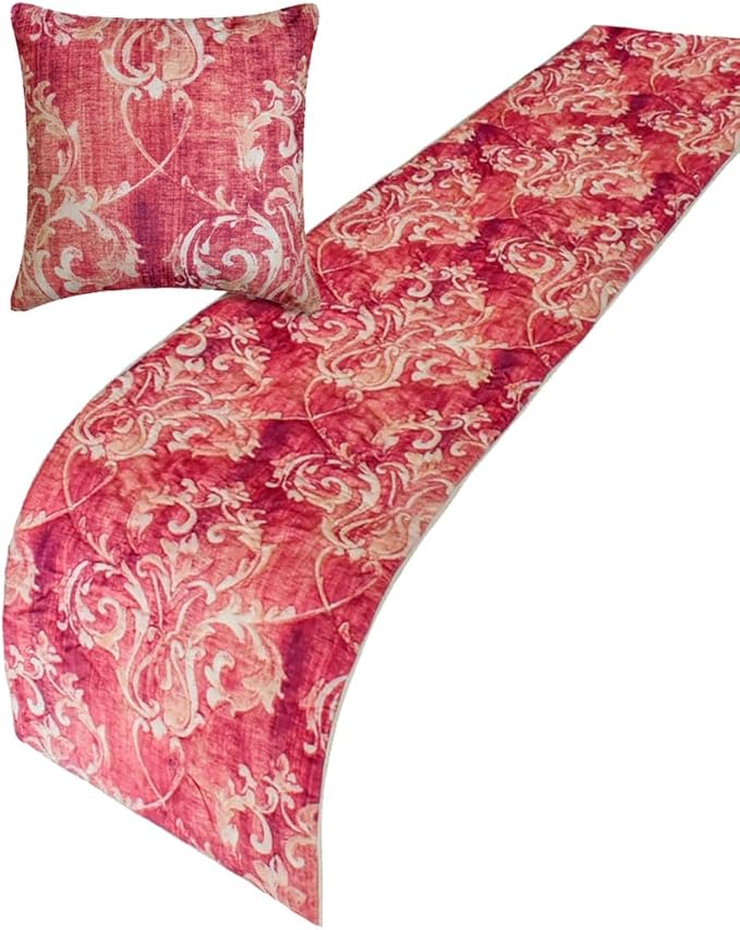 The HomeCentric King/Queen/Twin Pink Luxury King 90"x18" Bed Runner with One Pillow Cover, Damask, Quilted Bed Scarf on Velvet Fabric - Pink Dalliance