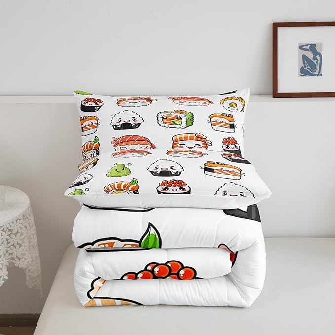 Feelyou Sushi Pattern Comforter Set Japanese-Style Bedding Set for Kids Boys Girls Teens Food Theme Comforter Cute Cartoon Japanese Sushi Duvet Set Room Decor Quilt Set Queen Size Microfiber