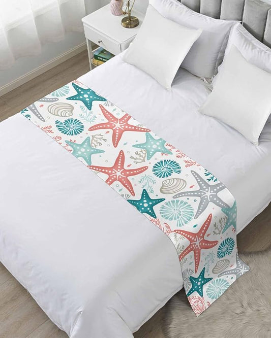Teal Green Coral Bed Runner for Cal. King Size Bed, Bedspread Protector Slipcover Bed Scarf for Foot Bed Runners & Scarves for Bedroom Hotel 94x20 Spring Summer Coastal Starfish Beach Nautical Conch