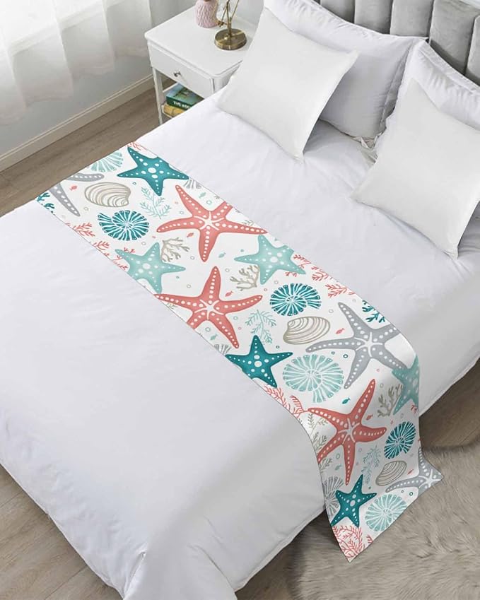 Teal Green Coral Bed Runner for Full/ Queen Size Bed, Bedspread Protector Slipcover Bed Scarf for Foot Bed Runners & Scarves for Bedroom Hotel 83x20 Spring Summer Coastal Starfish Beach Nautical Conch