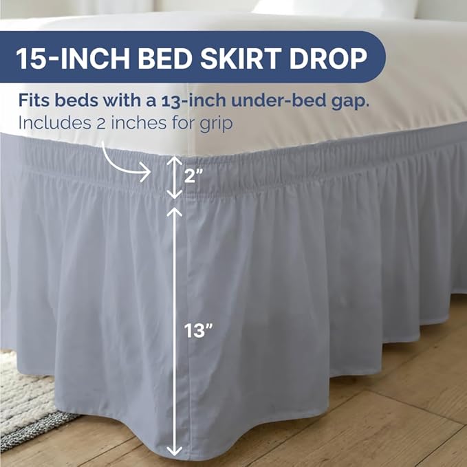 Wrap Around Dust Ruffle Bed Skirt - Steel Blue - for King Size Beds w/ 15 Inch Drop - Easy Fit Elastic Strap - Adjustable Pleated Bedskirt w/Brushed Fabric - Wrinkle Free, Women, Men, Kids & Teens
