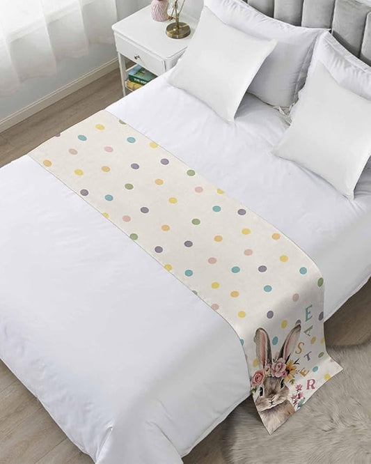 Spring Easter Farm Rabbit Flower Bed Runners for Bedroom Hotel,Decorative Bedding Scarf Colorful Quote Dot on Linen Bed End Blanket Bedding Runner Scarves for Queen Size Bed,94x20in