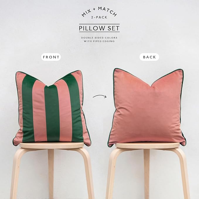 MONDAY MOOSE Decorative Throw Pillow Covers Cushion Cases, Set of 2 Soft Velvet Striped Piping Edge Designs, Pillow Inserts Not Included (18x18 inch, Pink/Green)