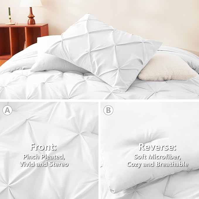 California King Comforter Set White, 7 Pieces Pintuck Bed in A Bag Cal King Size Bedding, Soft Bed Set All Season Pinch Pleat Comforter Set with Sheets, Pillowcases & Shams