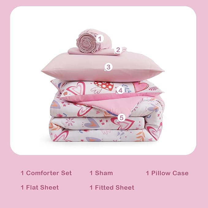 Twin Comforter Set for Girls Kids - 5 Pieces Heart Twin Bedding Sets for Girls Teen, Soft Cozy Bed in A Bag with Sheets