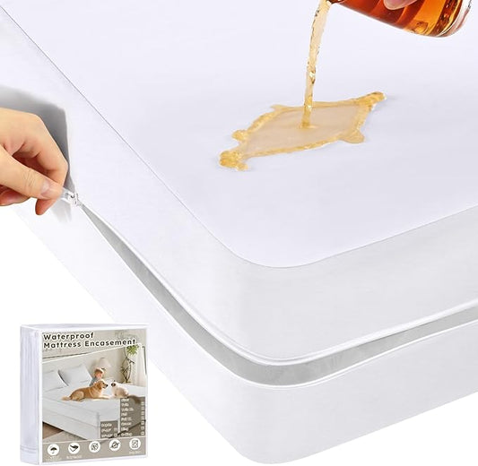Twin XL Mattress Protector Waterproof (12”-16”Depth) – Premium Zippered Mattress Encasement Bed Cover, Noiseless Breathable Machine Washable Six-Sided Mattress Cover for Bed, White