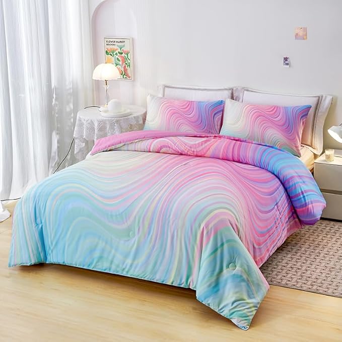 Girls Pink Comforter King,Pink Bedding Set for Girls,Tie Dye Comforter Set,Kids Comforter Set for Girl,Teen Bedding King with 2 Pillowcases,Rainbow Comforter Sets