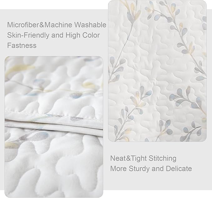 Exclusivo Mezcla Reversible Boho Quilts Queen Size, White Bedspreads Lightweight Coverlet All Season Flowers Quilt Bedding Set with Printed Floral Pattern (1 Quilt, 2 Pillow Shams)